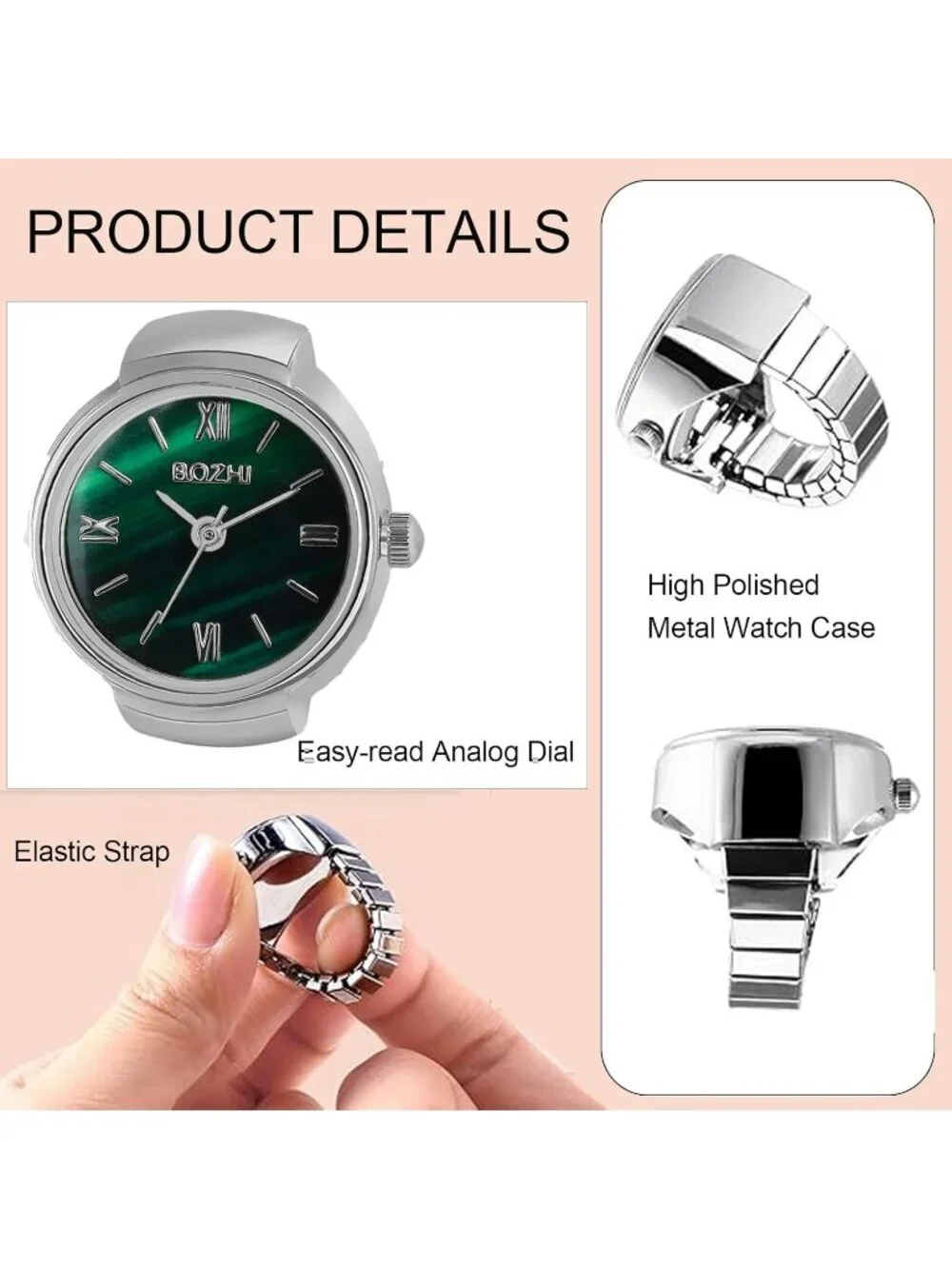 Women's Silver Green Quartz Stretchy Band Elastic Simple Dial Finger Ring Watch